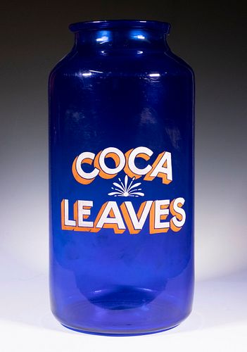 LARGE BLUE GLASS APOTHECARY JAR "COCA LEAVES"