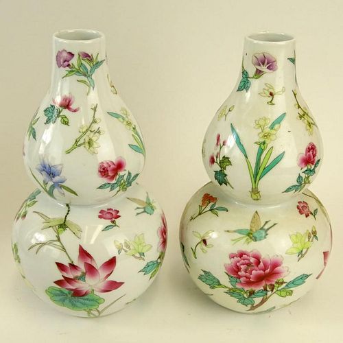 Pair 20th Century Chinese Porcelain Double Gourd Famille Rose Vases. Signed Made In China. Good condition. Measures 10-1/2" H. Shipping $65.00