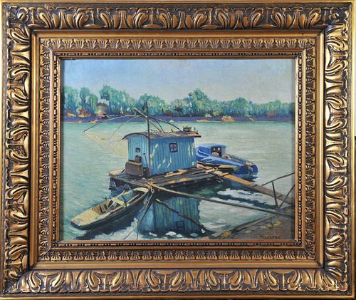 FISHING BOAT ON THE RIVER OIL PAINTING