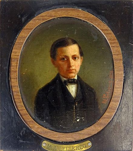 M. Leclercq (19th C) possibly Belgian. Oil on wood "Portrait of a Boy". Signed M Leclercq, Dated 1866. Minor losses and wear. Measures 3-1/2" x 3", fr