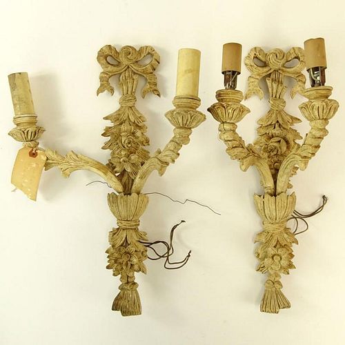 Pair of Early 20th Century Carved and Painted Wood 2 Light Sconces. Unsigned. Crack and damage to one arm. Measures 18" H x 7" W. Shipping $68.00