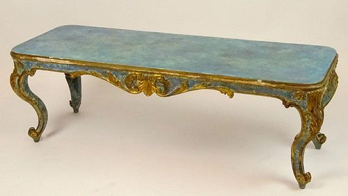 Early to mid 20th Century Venetian style carved painted parcel gilt wood coffee table/bench. Unsigned. Repair to one foot, Minor surface losses, rubbi