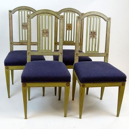Set of 4 19/20th Century, probably Italian carved and painted wood side chairs. Unsigned. Rubbing, surface wear. Measures 39" H x 18" W x 16-1/2" D. S