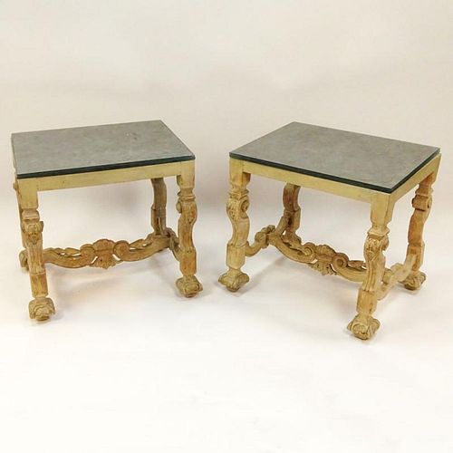 Pair of Mid 20th Century, probably Italian, carved and limed wood glass top side tables. Unsigned. Wood splits, rubbing, otherwise good condition. Mea
