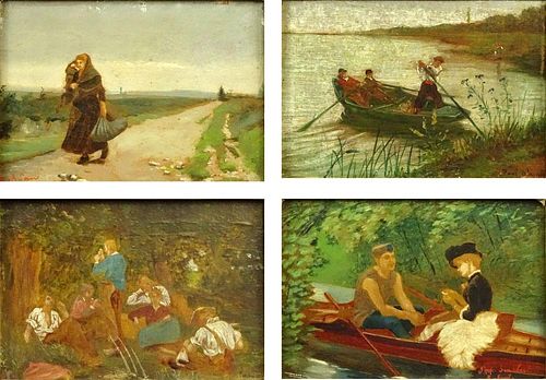 Collection of 4 Antique Continental Miniature Oil Paintings on Panels. Signatures include Scalbert, Adan, Lauger and one illegible. Good Condition. Pa