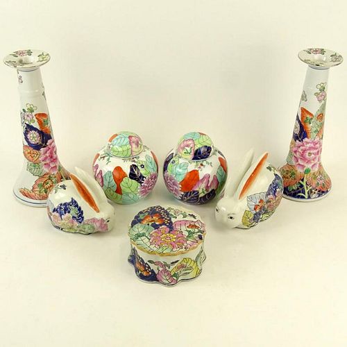 Collection of Seven (7) Pieces Vintage Tobacco Leaf Porcelain. Includes pair of candlesticks, pair of covered small ginger jars, 2 rabbits, scalloped 