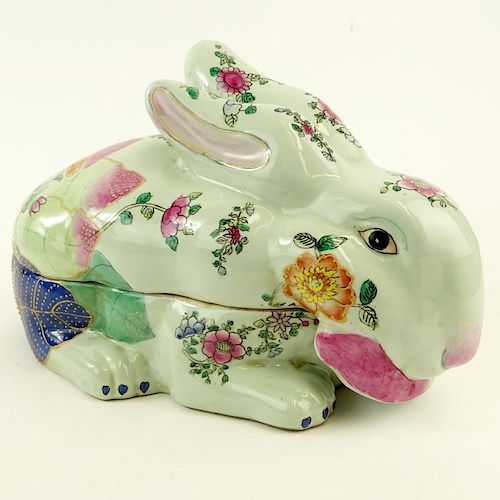 Chinese Tobacco Leaf Porcelain Hare Tureen. Unsigned. Good condition. Measures 8" H x 13-1/2" L. Shipping $52.00