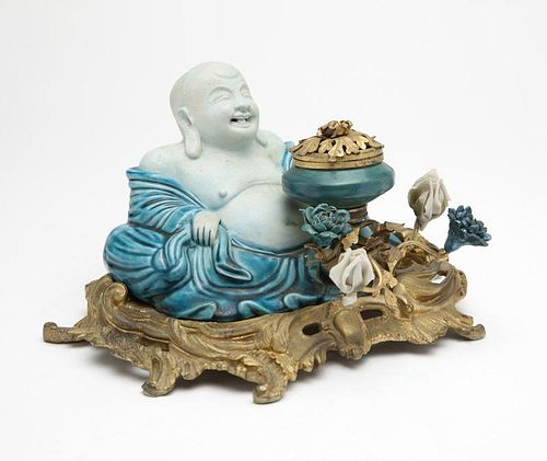 A gilt-bronze and porcelain Chinoiserie inkwell