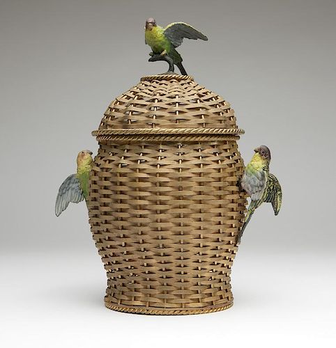 Vienna bronze basket with cold-painted parakeets