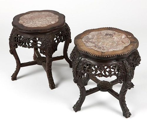 Pair Chinese export carved hardwood lamp tables