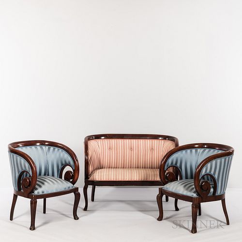 Pair of Art Deco Mahogany and Upholstered Armchairs and an Art Deco Mahogany Settee