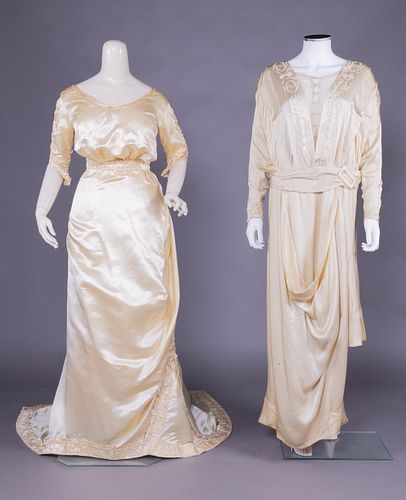 TWO CREAM SILK DRESSES, 1910s