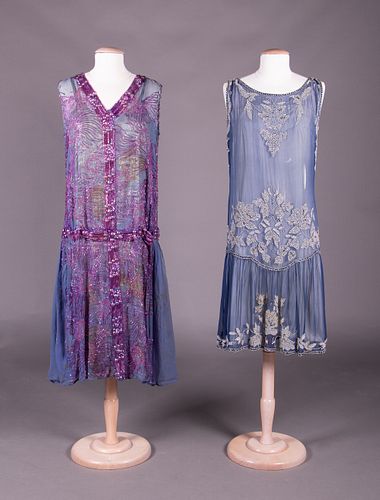 TWO BEADED CHIFFON PARTY DRESSES, MID 1920s
