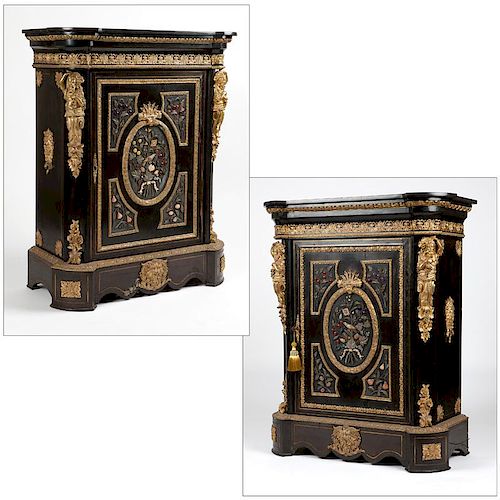 A pair of Napoleon III applied-hardstone cabinets