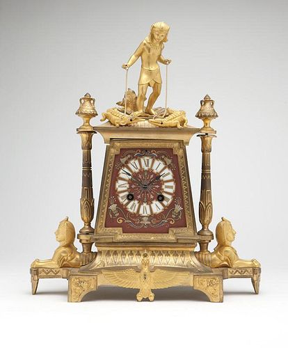 French Egyptian-revival gilt-bronze mantel clock