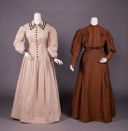 TWO COTTON OR SILK DAY DRESSES, MID 20TH C & 1907