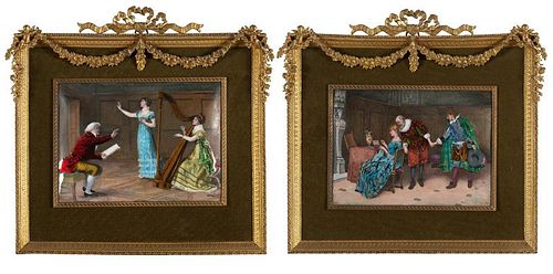 A pair of French enamel on copper figural plaques