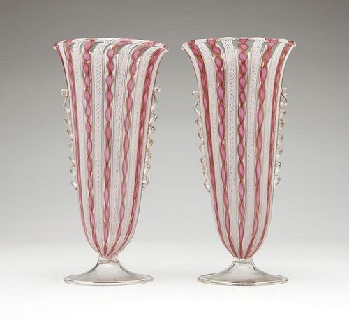 A pair of Venetian ribbon & Latticino glass vases