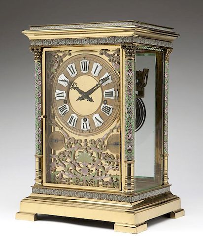 French polished brass and champleve mantel clock