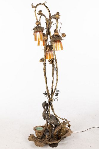 French Gilt-Metal Standing Lamp & 5 Quezal Shades 