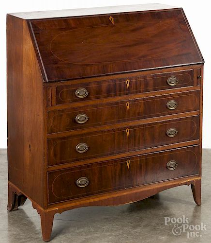 New England Federal mahogany slant front desk, ca. 1810, with allover line inlay, 45'' h., 40'' w.