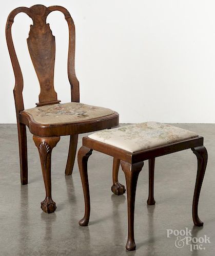 George II style burl veneer dining chair, together with a foot stool.