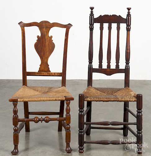 Two New England Queen Anne dining chairs, 18th c., with rush seats.