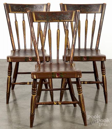 Set of six Pennsylvania painted plank seat chairs, 19th c.