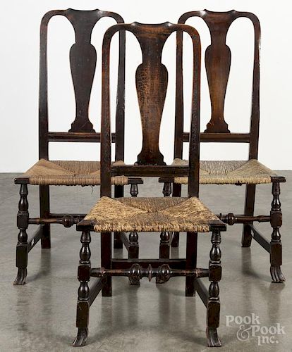 Three similar New England Queen Anne dining chairs, 18th c., with rush seats.