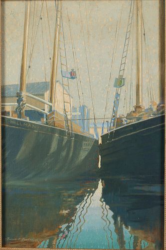 Frank F. Frederick, Boats at Anchor, Oil on Masonite