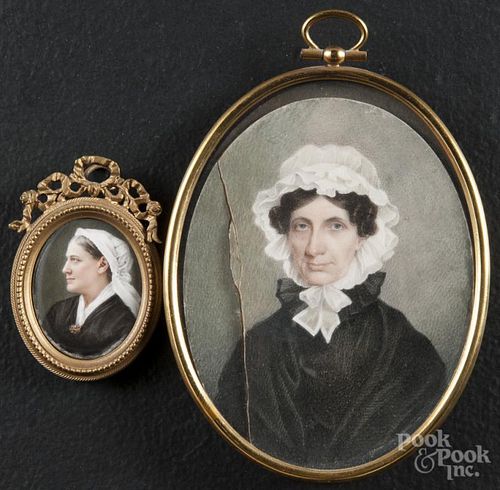 American watercolor on ivory miniature portrait of a woman, ca. 1840, 3 3/4'' x 3"