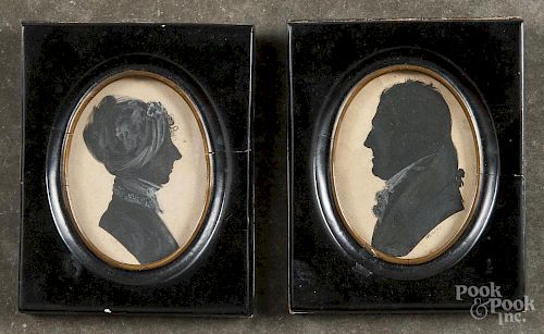 Pair of watercolor silhouettes, 19th c., of a man and woman, purportedly John and Mary Ledyard