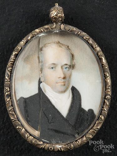 Hugh Bridport (American 1794-1868), miniature watercolor on ivory portrait of a gentleman, signed