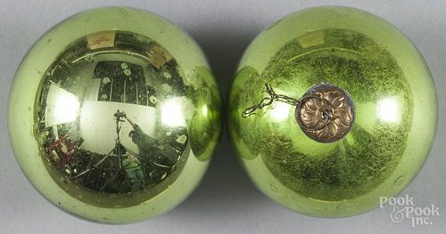 Two green Kugel ornaments, 4'' dia.