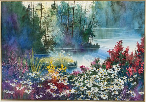 Diane Anderson, Flowers by a Lake, Watercolor