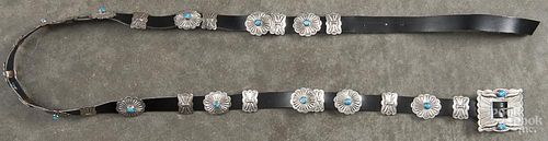 Native American silver and turquoise concha belt, initialed LP, 47'' l.