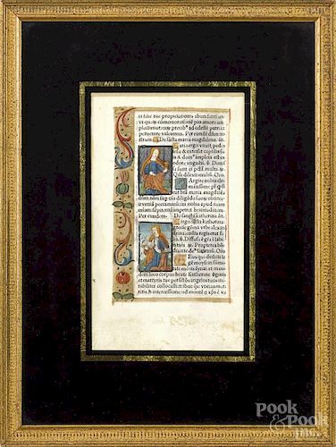Three medieval style printed and illuminated manuscript pages on paper, in Latin