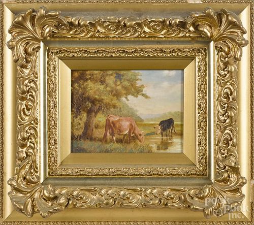 American oil on canvas landscape, late 19th c., with cows, 6'' x 8''.