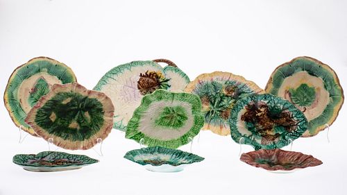 8 Majolica Leaf-Form Plates and a Pair of Plates