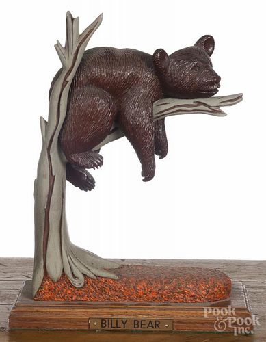 Contemporary carved bear on a tree limb, by Robert Brodeski, titled Billy Bear, 14 1/2'' h.