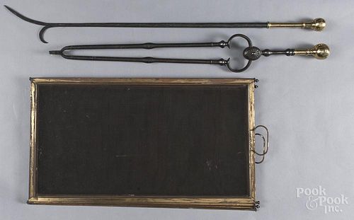 Federal brass and iron fire tongs and poker, 19th c., 29 3/4'' l. and 35'' l.