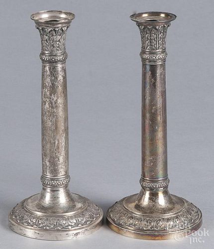 Pair of Continental silver candlesticks, 19th c., unmarked, 10'' h., 14.7 ozt.