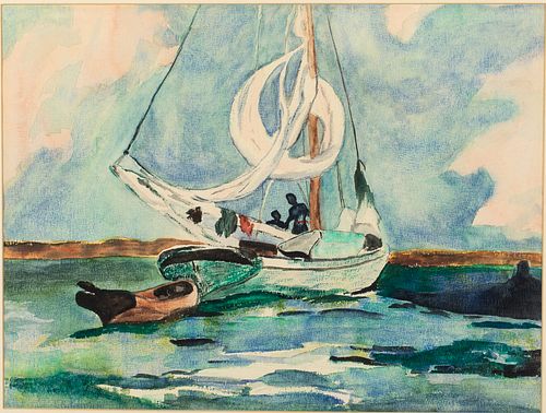 Unsigned, Figures on a Sailboat, Watercolor on Paper