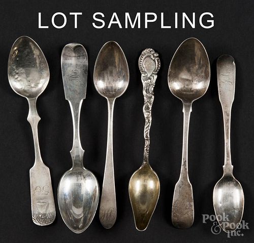 Silver spoons, 19th c., mostly coin, to include examples by R & W Wilson, Bard, Mannerback, etc.