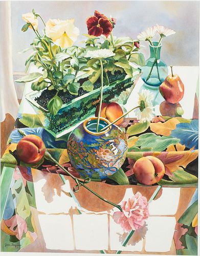 Jane Frey, Still Life with Flowers and Peaches, W/C