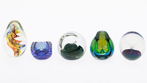 Group of 5 Clear and Colored Glass Paperweights