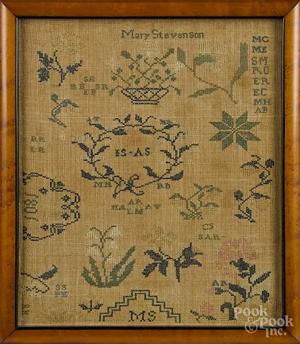 Quaker silk on linen sampler, dated 1801, wrought by Mary Stevenson, 12'' x 10''.