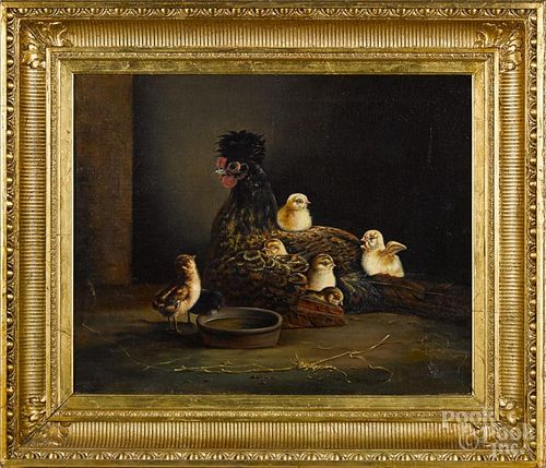 American oil on canvas, 19th c., of a hen and chicks, 17'' x 21''.