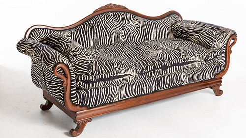 Victorian Style Mahogany Faux Zebra Print Sofa