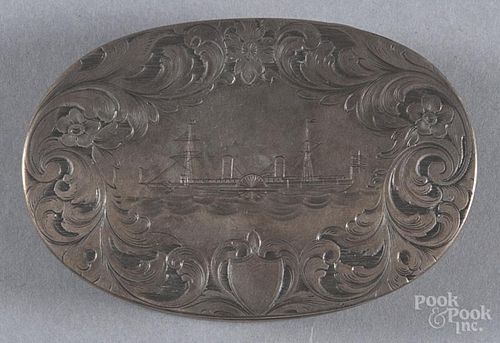 Engraved silver snuff box, 19th c., one side featuring a locomotive, the other with a side-wheeler